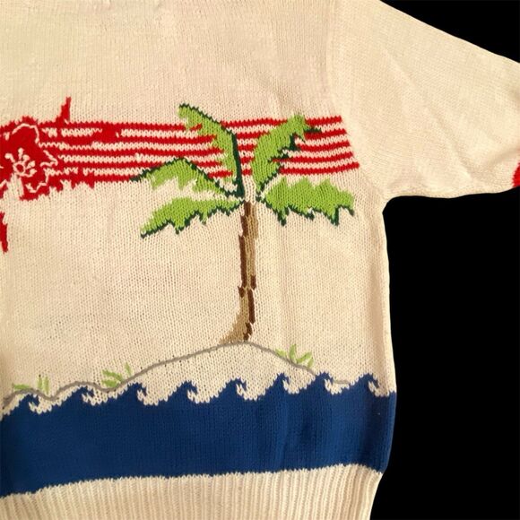 Vintage80s Cruise Wear Sweater Ships Tropical Palms All Around Ramie/Cotton L - Picture 5 of 11